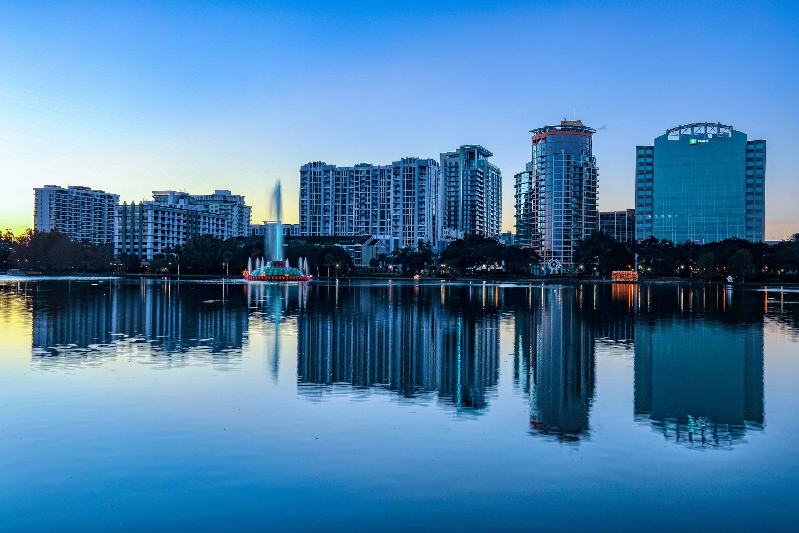 Downtown Orlando, with Lake Eola in the foreground.
